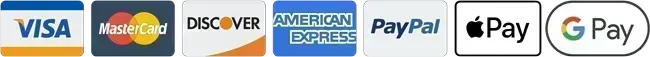 Accepted payment methods: Visa, Mastercard, Discover, American Express, PayPal, Apple Pay, Google Pay