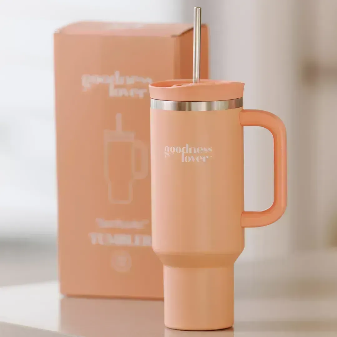Goodness Lover Just Peachy tumbler in signature orange with box