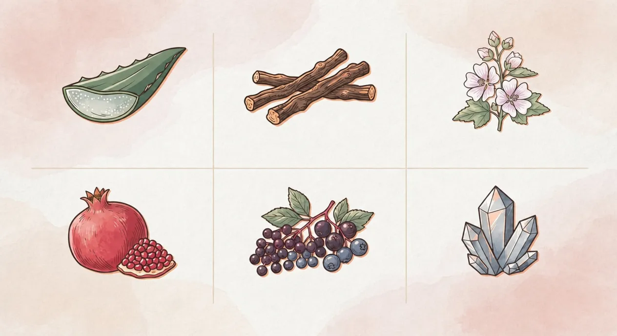 A selection of the botanical ingredients in Gut Soothe & Glow, including aloe vera, licorice root, marshmallow root, pomegranate, quercetin-rich berries and zinc