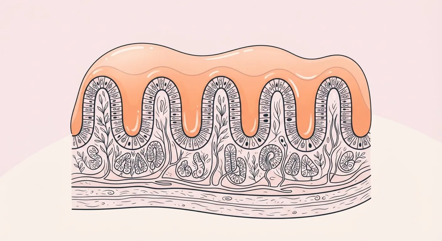 Diagram of the intestinal lining coated by a smooth, gel-like mucilage layer formed by the demulcent botanicals