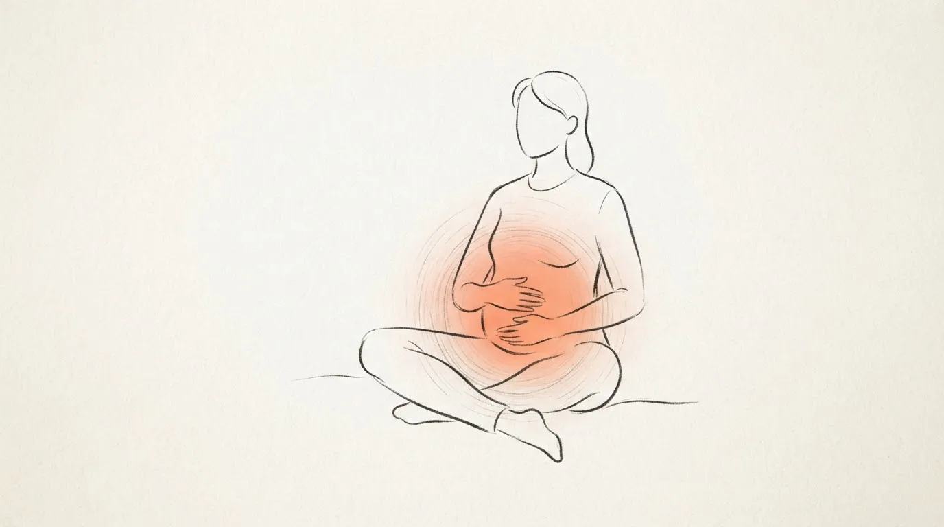 Editorial illustration of a person feeling relaxed and at ease, warm glow at the gut