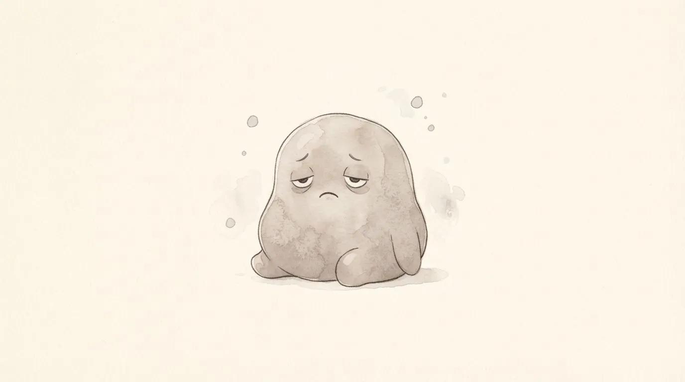 Friendly illustration of a tired, low-energy gut character